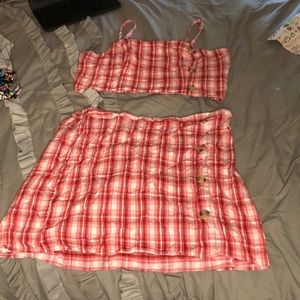 A red and white plaid skirt set